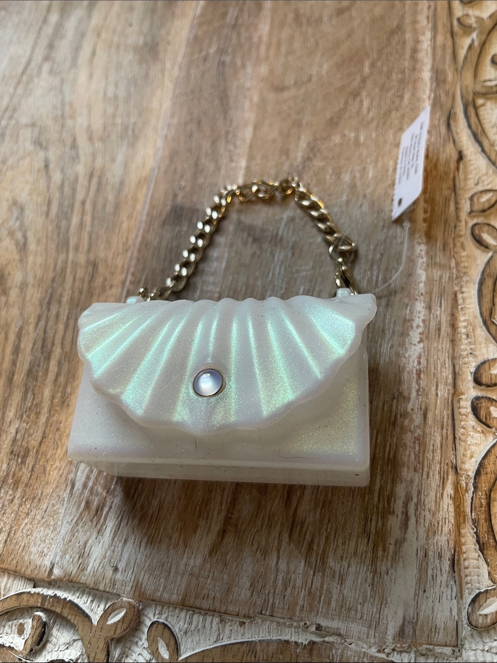 Pearlescent Shell-Style Mini Top-Handle Bag - White Pocketbac Holder